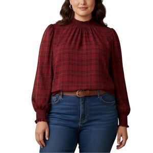 Melloday Red Black Plaid Smocked Neck Puff Sleeve Blouse Top 2X